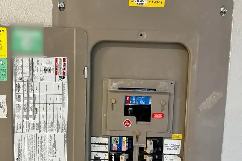 Main electrical panel in a new home with hand-labeled circuits for an EV charger and a heat pump, a whole-home surge protector and a mechanical generator interlock